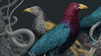 Detailed illustration of two colorful birds, a snake, and foliage