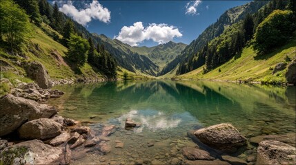 Serene alpine lake reflecting mountains
