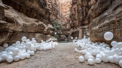 Canyon path strewn with white balloons
