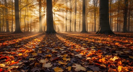 Golden Sunlight Rays Illuminating Fallen Autumn Leaves in a Tranquil Forest