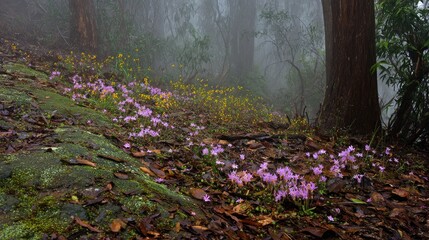 Misty forest floor with wildflowers