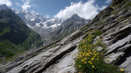 Mountain slope with wildflowers and snow-capped peaks