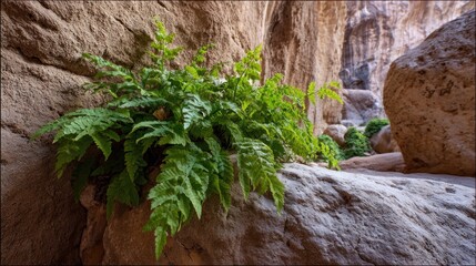 Lush ferns grow in a rocky canyon