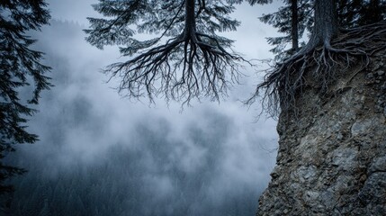 Misty mountain cliff with exposed tree roots