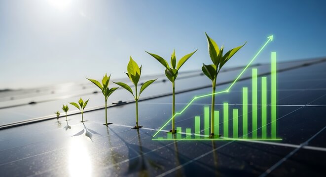 Plants growing on solar panels with an upward trending graph overlayed on the renewable energy source
