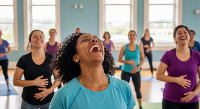 Joyful African American woman laughing during a group fitness class. Diverse women enjoying a laughter yoga session together in a bright studio. Happiness and wellness concept - Powered by Adobe