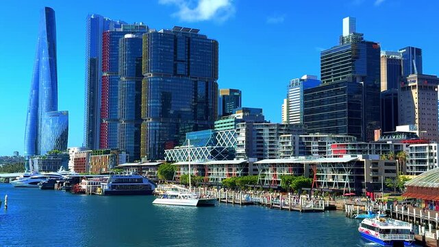 8 November 2025 Darling Harbour on Parramatta River Sydney Harbour on a warm spring blue sky day in Sydney NSW Australia Restaurants Cafes Hight rise hotels and office towers