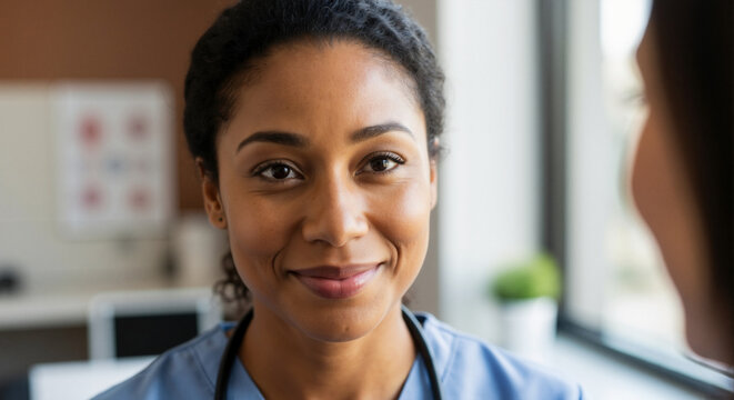 Portrait of a friendly female doctor smiling in a clinic. Professional african american healthcare worker providing medical care - Powered by Adobe