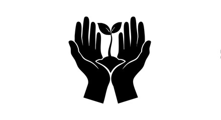 Hands holding a plant sprout icon. Growth, care, and environmental protection concept. Minimalist black silhouette vector illustration