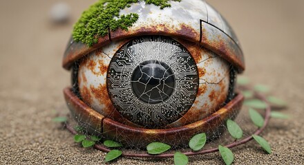 Close up of a rusty robotic eye with moss and vines on a sandy surface in a studio setting
