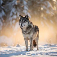 Obraz premium A magnificent grey wolf stands alert amidst a pristine, snow-covered winter forest, bathed in the soft, golden light of dawn, embodying the spirit of wild nature in its natural habitat
