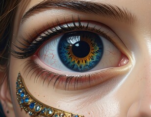 Macro shot of a vibrant blue eye with elaborate makeup