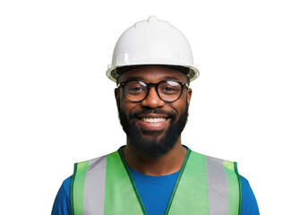 Smiling african american construction worker wearing a white hard hat and reflective safety vest isolated on transparent background