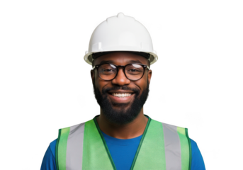 Smiling african american construction worker wearing a white hard hat and reflective safety vest isolated on transparent background