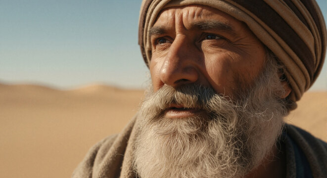 Portrait of a senior man with a gray beard and turban in the desert. A thoughtful, weathered elder with a contemplative expression