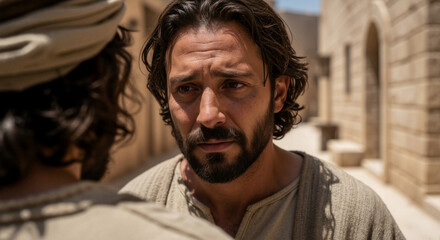 A serious man with a beard in a biblical reenactment scene. Close-up portrait of a historical character in an intense conversation in an ancient town.
