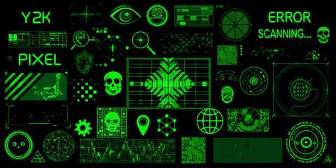 Digital futuristic interface elements and icons in neon green on black background