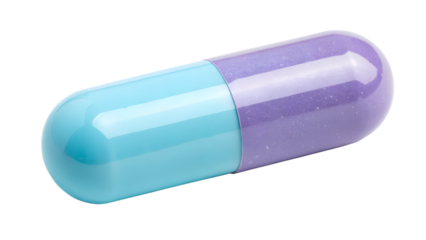 A single blue and purple capsule pill isolated on transparent background