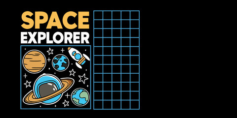 Cute cartoon space explorer with planets rocket and stars on black background with grid