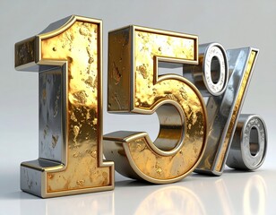 Metallic, gold-infused numbers spelling out "15%" against a gray background