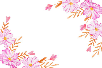 Watercolor pink flowers and gold leaves illustration frame horizontal border isolated on white background. Floral elements for print, cards, design, invitation.