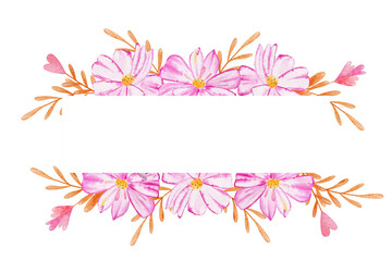 Watercolor pink flowers and gold leaves illustration frame isolated on white background. Floral elements for print, cards, design, invitation. Hand painted horizontal.