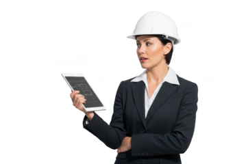 Focused female construction professional wearing a white hard hat and suit holding a tablet computer isolated on transparent background