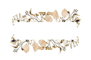 Watercolor dry grass and flowers illustration frame isolated on white background. Floral elements for print, cards, design, invitation. Hand painted horizontal.