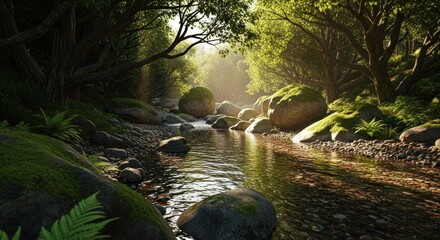 Serene river flows through a lush green forest, sunlight dappling through the trees