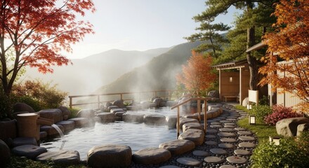 Serene outdoor hot spring scene featuring stone pools, foliage, and mountain views