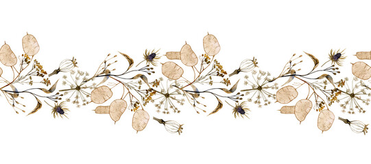 Watercolor dry leaves seamless border isolated on white background. Hand drawn rustic botanical illustration. Can be used for wedding, birthday, greeting cards, templates and cosmetic.