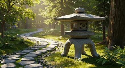 Serene stone lantern & path meander through a sunlit forest, dappled light and verdant trees
