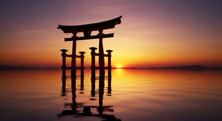 Silhouette of Japanese Torii gate in water during sunset, reflecting vibrant sky