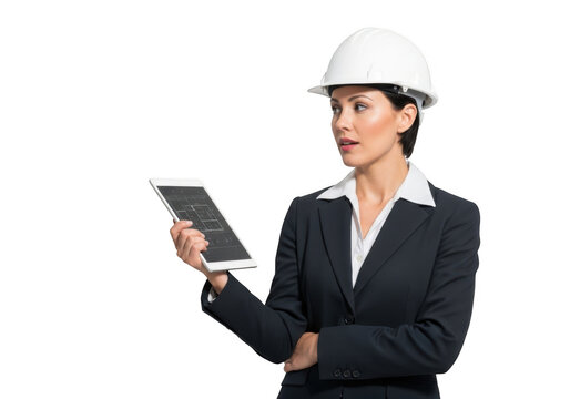 Focused female construction professional wearing a white hard hat and suit holding a tablet computer isolated on transparent background