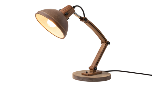 A vintage wooden desk lamp with an adjustable arm isolated on transparent background - Powered by Adobe