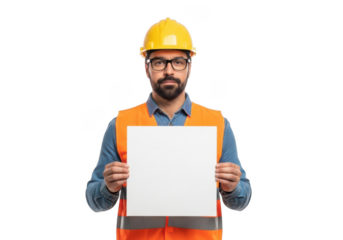 A serious construction worker wearing a yellow hard hat and orange safety vest holds a blank white sign isolated on transparent background