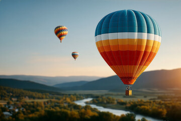 Fototapeta premium Colorful hot air balloons floating above scenic valley with river at golden hour sunset light