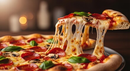 Slice of pepperoni pizza lifted, cheese stretching; full pizza blurred background