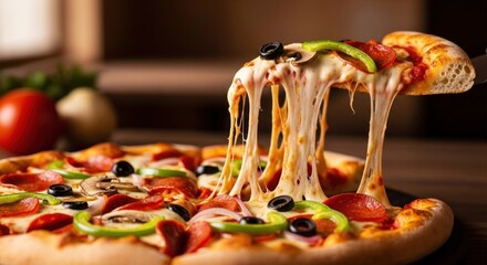 Slice of pizza lifted from a whole pizza, cheese stretches. Tasty and colorful