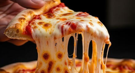 Slice of pizza with melting cheese pulled up from rest of pizza