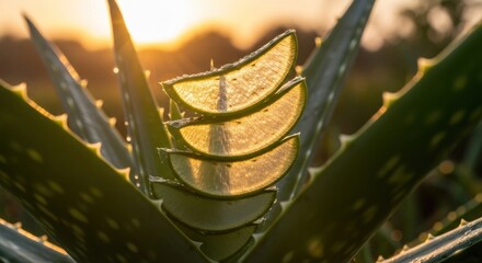 Sliced aloe vera leaves stacked against the sun, showcasing natural light and texture