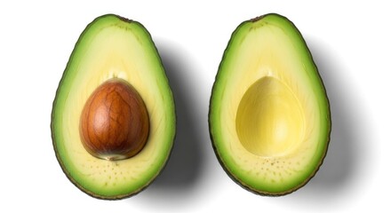 Sliced avocado with seed and empty half, contrasting colors, bright light