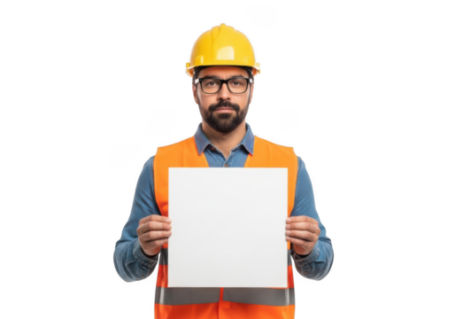A serious construction worker wearing a yellow hard hat and orange safety vest holds a blank white sign isolated on transparent background - Powered by Adobe