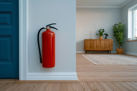 Red fire extinguisher mounted on white wall inside bright modern home interior near blue door