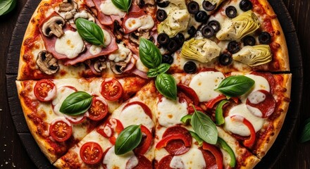 Sliced pizza with varied toppings on a dark wooden platter, basil garnish