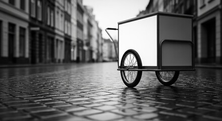 Mobile advertising mockup on a delivery pushcart. Blank branding panel for small business marketing. Vintage vendor cart on a wet cobblestone street. Urban commerce concept