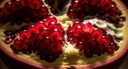 Sliced pomegranate, vibrant red seeds shine