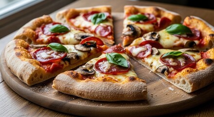 Sliced pizza on wood platter with pepperoni, mushrooms, cheese, & basil garnish