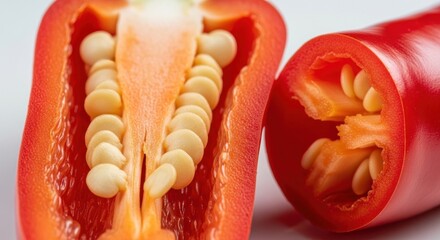 Sliced red chili pepper reveals seeds