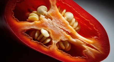 Sliced red pepper interior detail with seeds, dark background, bright lighting